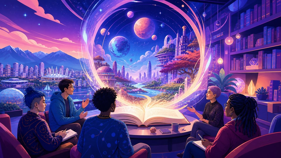 Readers gathered around an open book portal with planets and a futuristic Vancouver skyline.