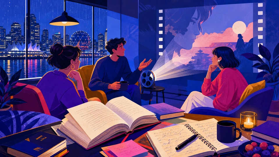 Readers beside an open book and film projector on a rainy Vancouver evening.