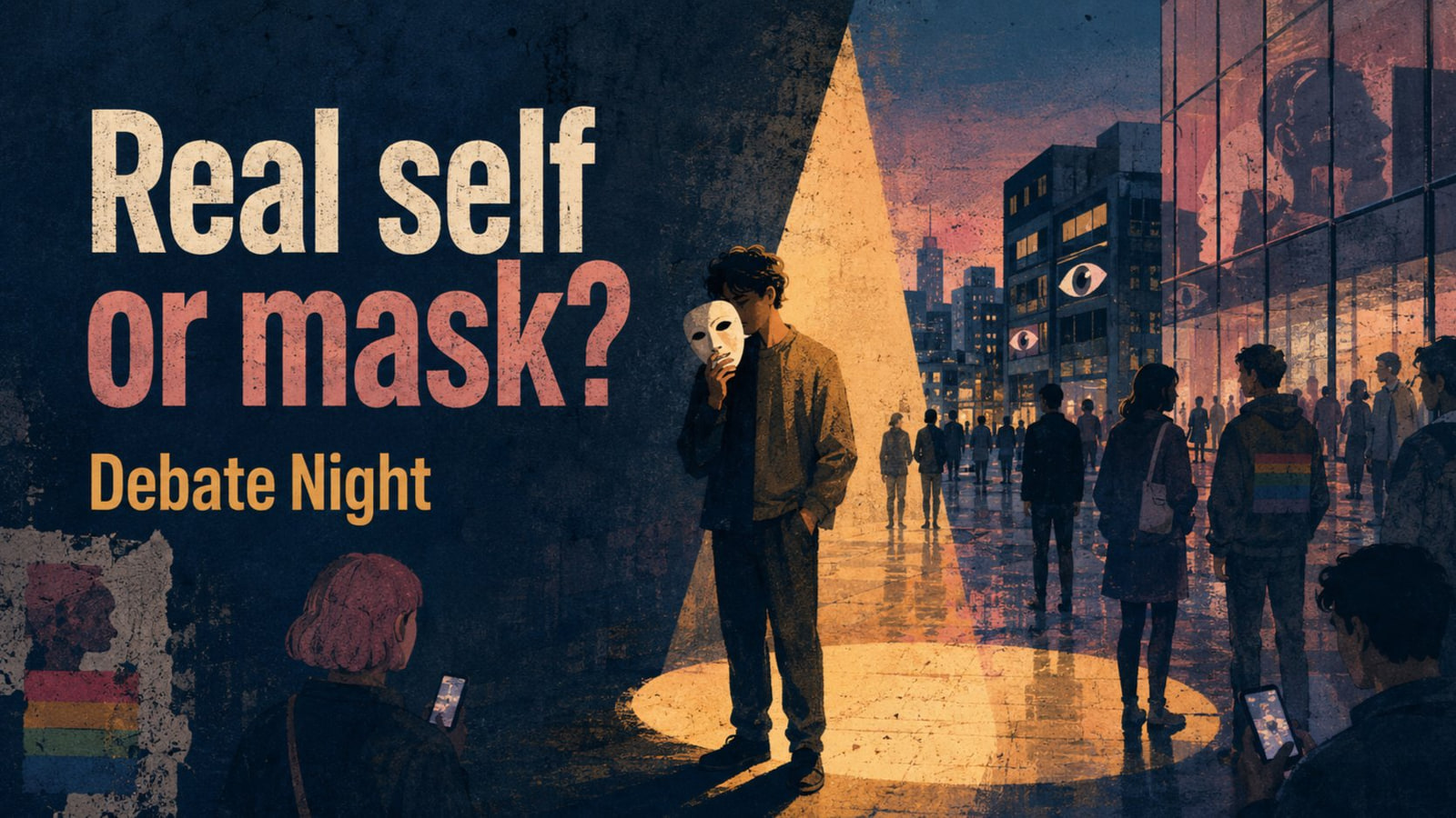 👁️ Debate Night - should you be your real self in public, or put on a mask? event poster.