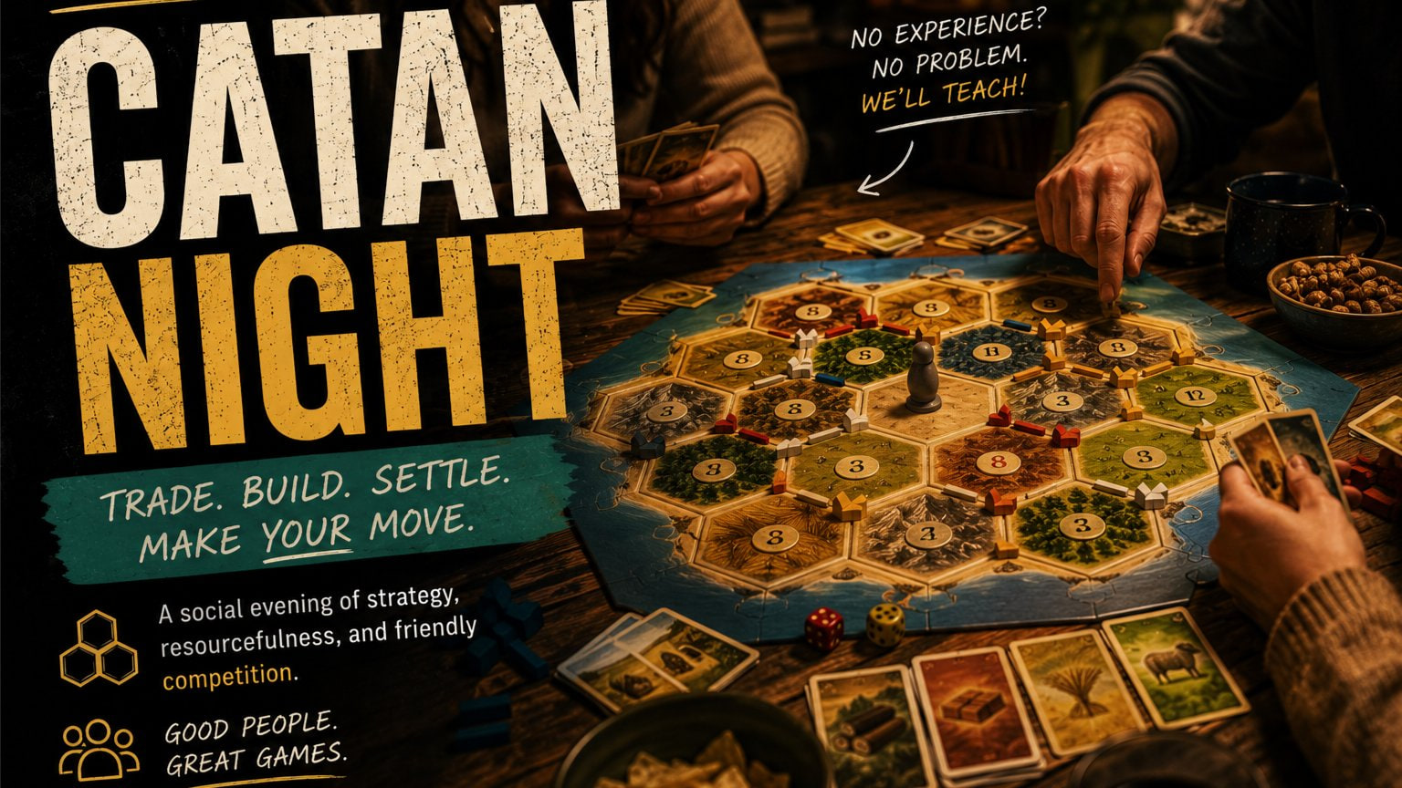 🌾🧱 Settlers of Catan Board Game Night — Pizza, Trades, and Betrayal event poster.
