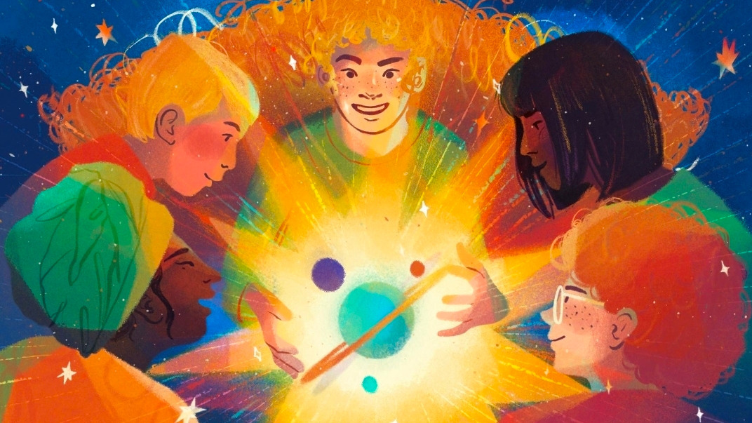Illustration of five people gathered around a glowing miniature universe for Inside Other People's Universes.