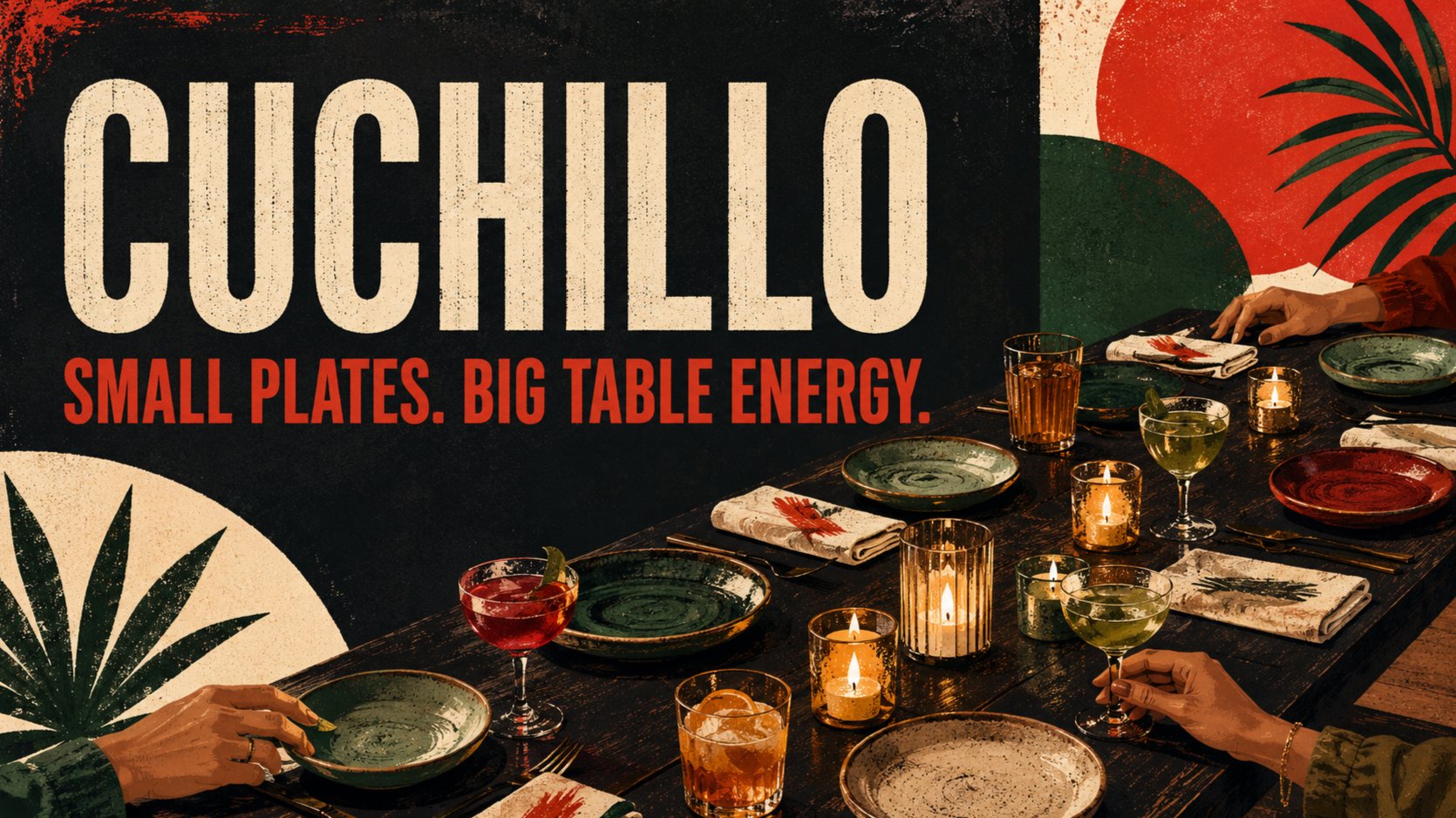 🍽️🔥 Cuchillo - Pan-Latin small plates and a sharper Sunday dinner event poster.