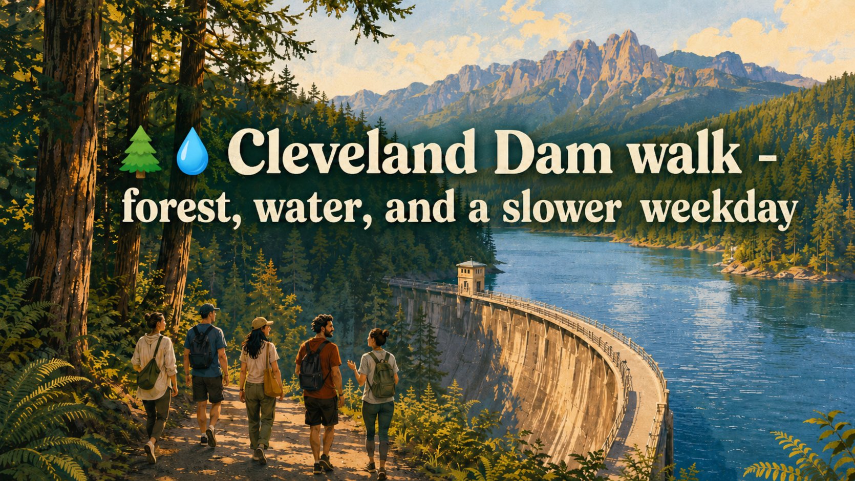 🌲💧 Cleveland Dam walk - forest, water, and a slower weekday event poster.