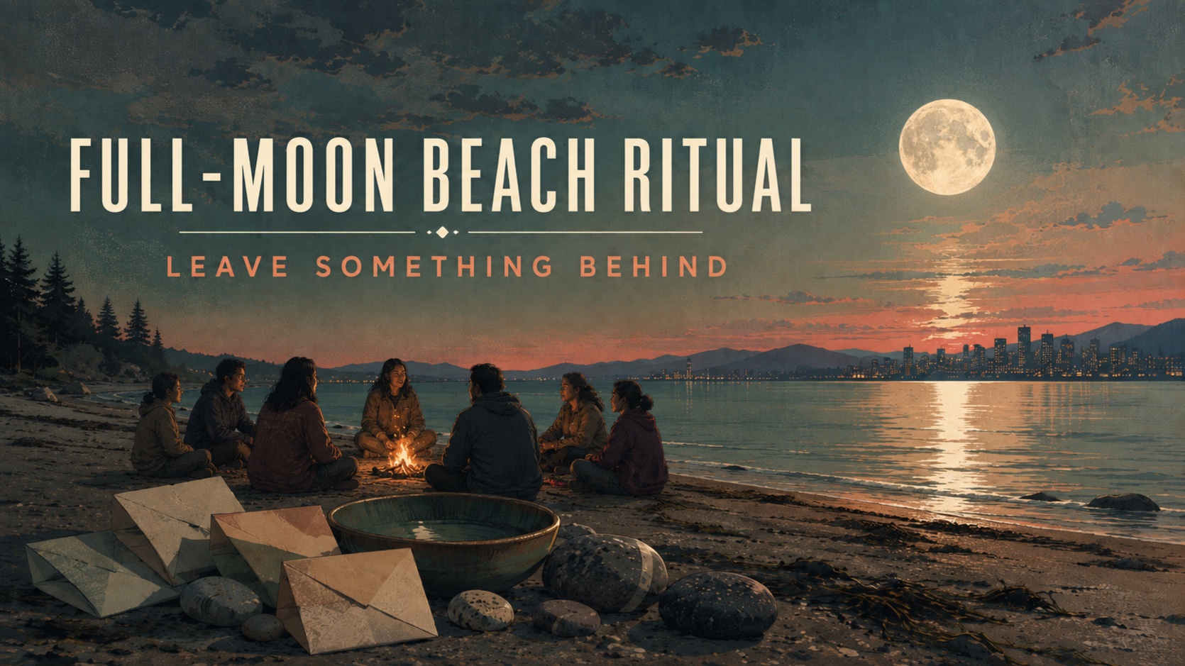 🌕🌊 What are you ready to stop carrying? - full-moon beach ritual event poster.