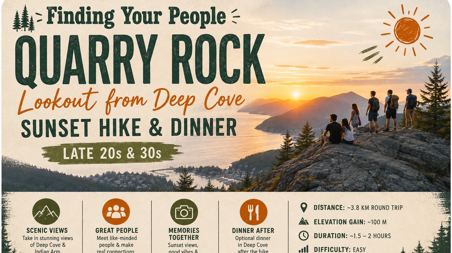 Finding Your People - Late 20s &30s Sunset hike - Quarry Rock Lookout & Dinner event poster.